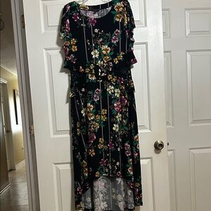 Floral High-Low Black Midi Dress with Green & Pink Blooms